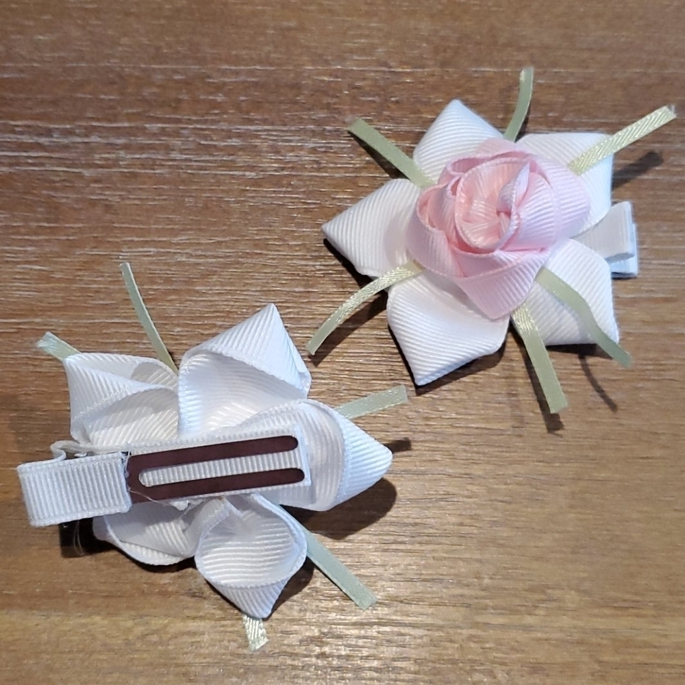 Pink Rose Hair Clips Set of 2 Boutique Flower Girl Hair Bows - Picture 5 of 6